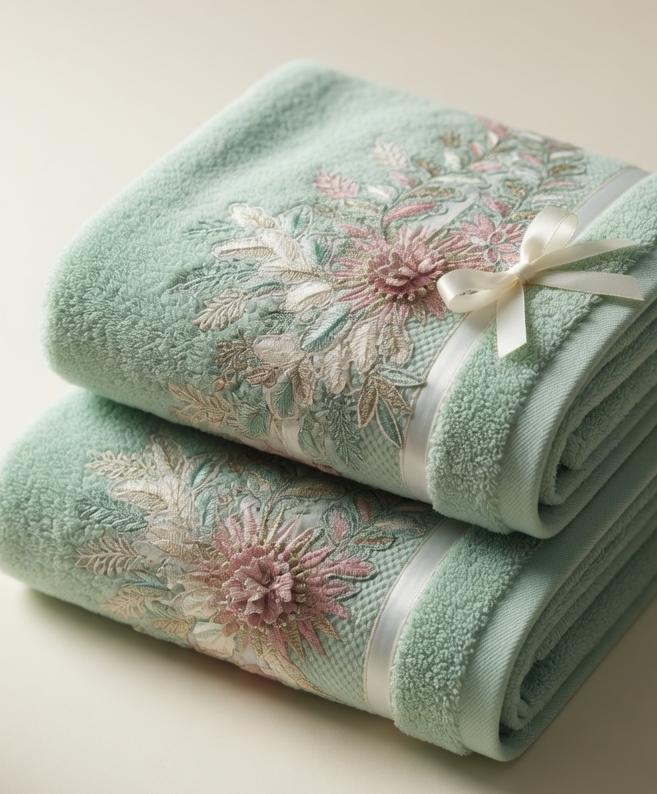 Elegant Embroidered Sage Green Floral Cotton Bath Towels- Pair