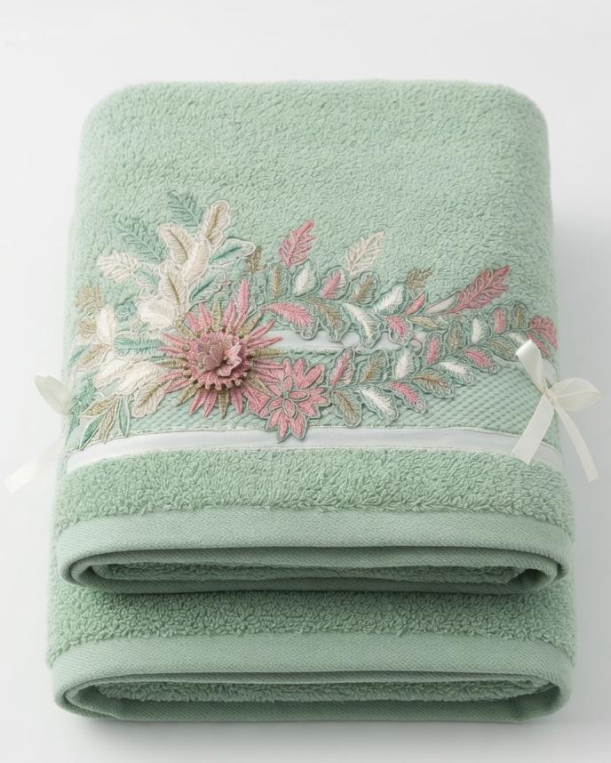 Elegant Embroidered Sage Green Floral Cotton Bath Towels- Pair