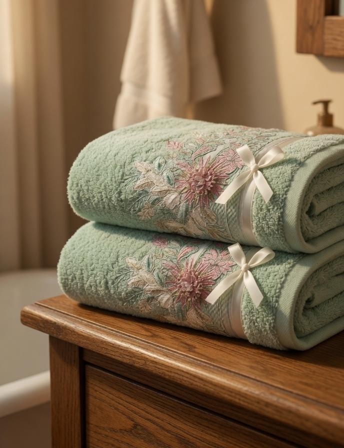 Elegant Embroidered Sage Green Floral Cotton Bath Towels- Pair