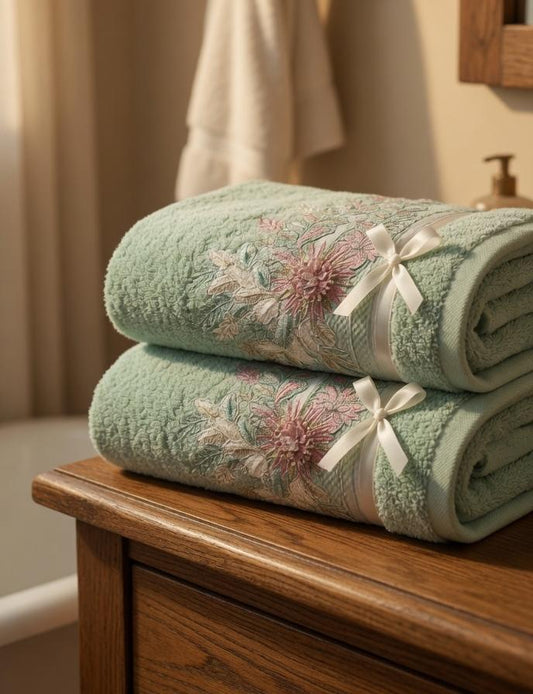 Elegant Embroidered Sage Green Floral Cotton Bath Towels- Pair