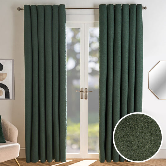 Green Boucle Plain Eyelet Curtains - Pair
