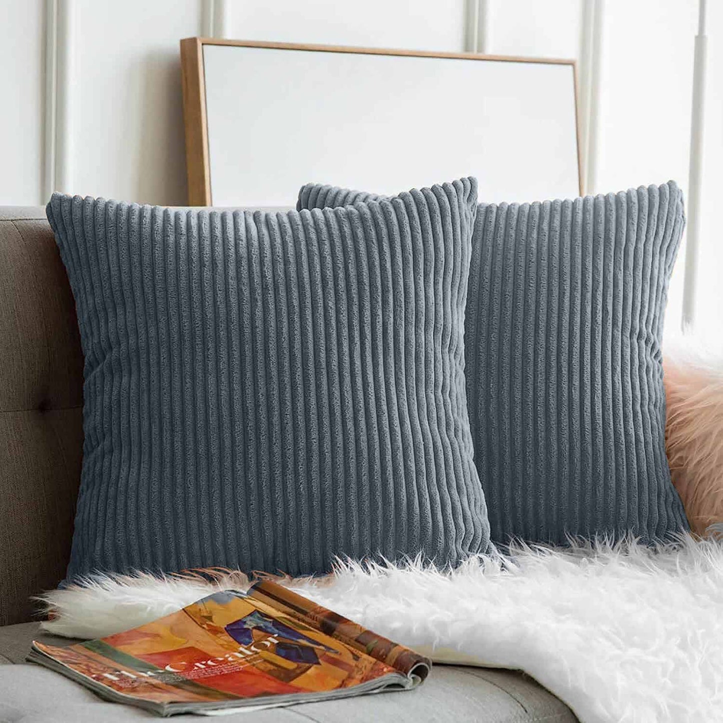 Set of 2 Greyish Blue Corduroy Striped Velvet Cushion Covers for Sofa & Living Room