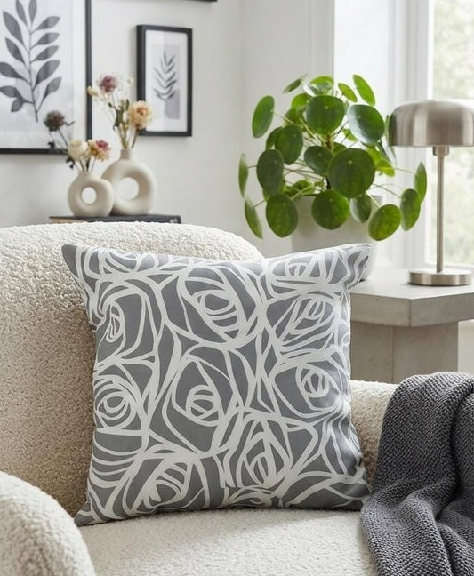 Grey and White Abstract Rose Cushion Cover