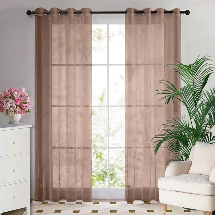 Light Brown Eyelet Sheer Curtain Pair