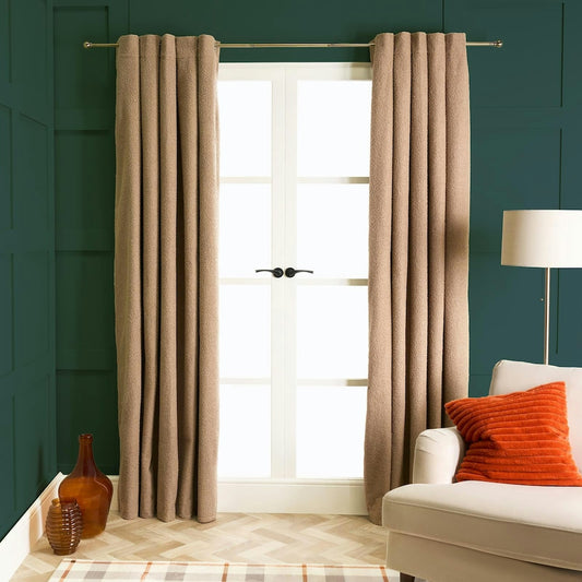 Light Brown Boucle Plain Eyelet Curtains - Pair