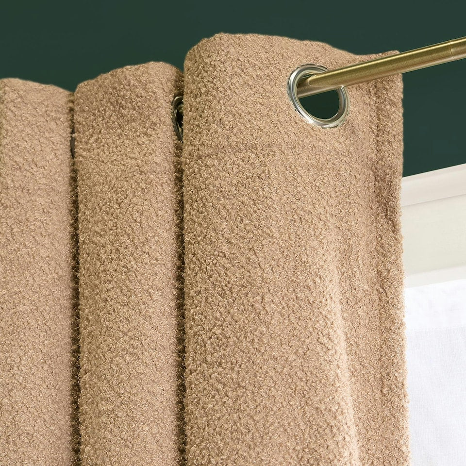 Light Brown Boucle Plain Eyelet Curtains - Pair