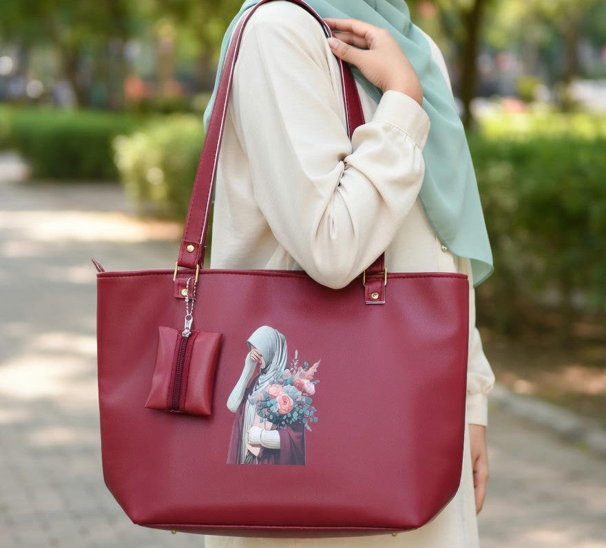 Elegant Maroon Floral Tote Bag
