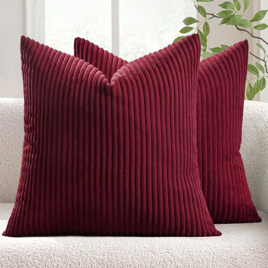 Set of 2 Maroon Corduroy Striped Velvet Cushion Covers for Sofa & Living Room
