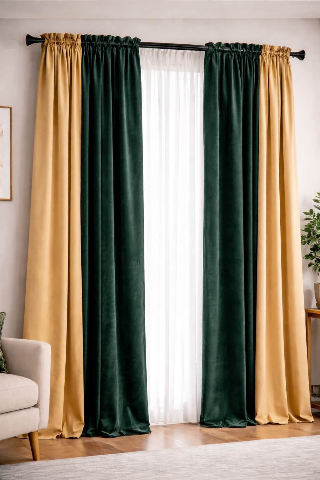 Elegant Forest Green & Golden Beige Matte Velvet Curtain Pair