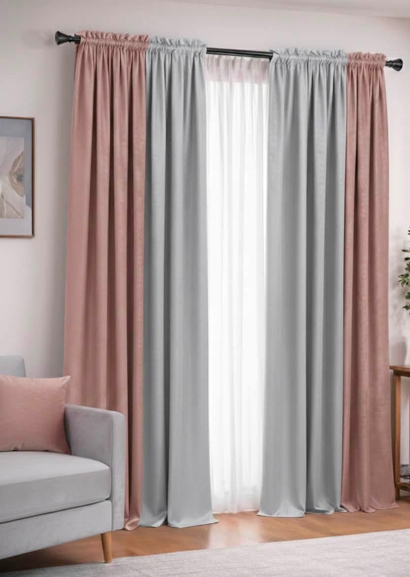 Elegant Dusty Rose & Silver Grey Matte Velvet Curtain Pair
