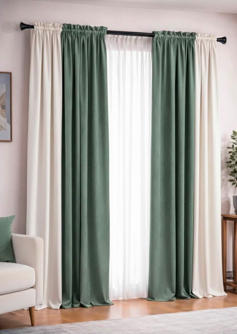 Elegant Sage Green & Off White Matte Velvet Curtain Pair