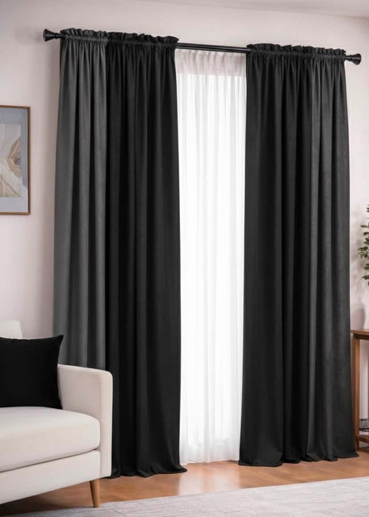 Elegant Jet Black & Charcoal Grey Matte Velvet Curtain Pair