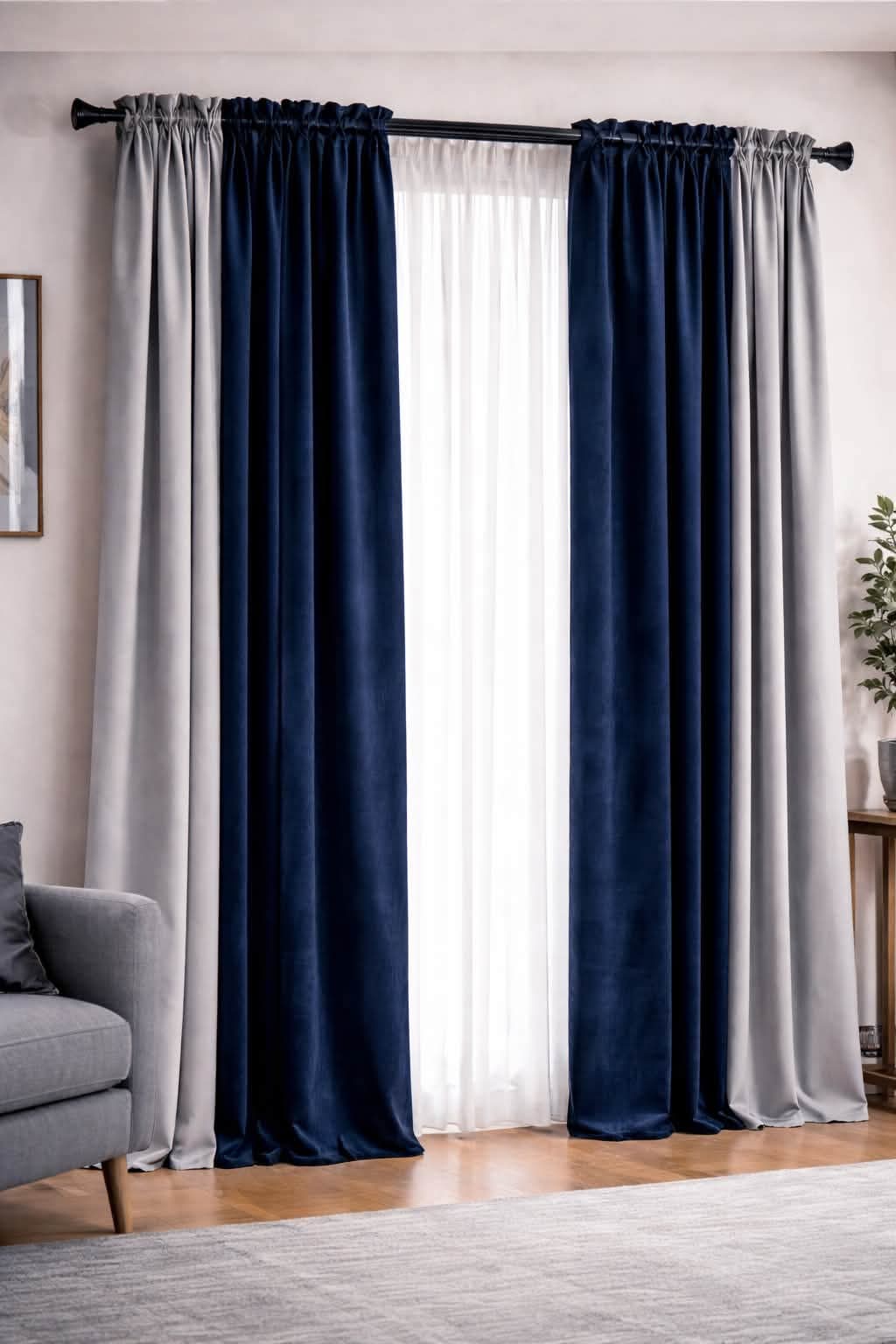 Elegant Navy Blue & Silver Grey Matte Velvet Curtain Pair