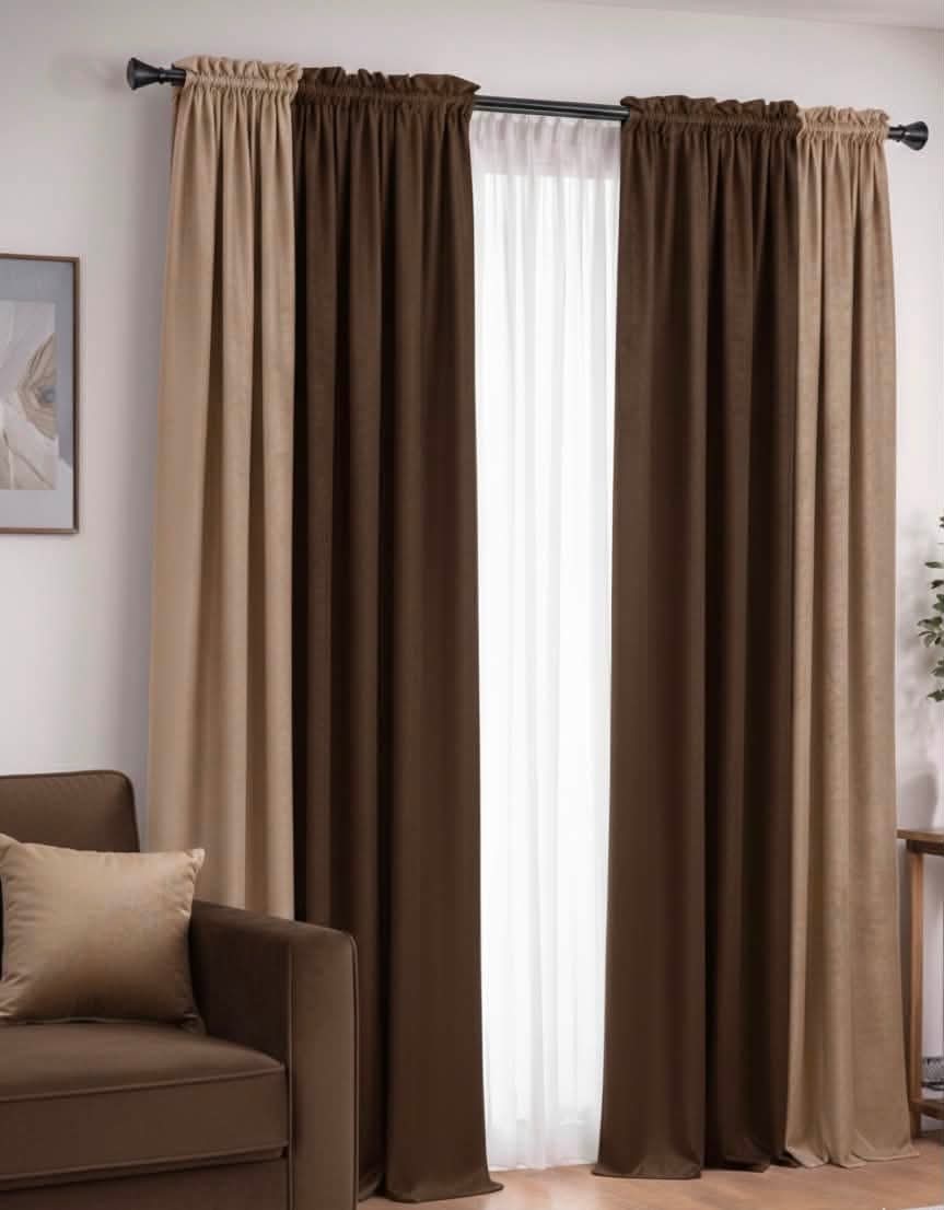 Elegant Chocolate Brown & Camel Matte Velvet Curtain Pair
