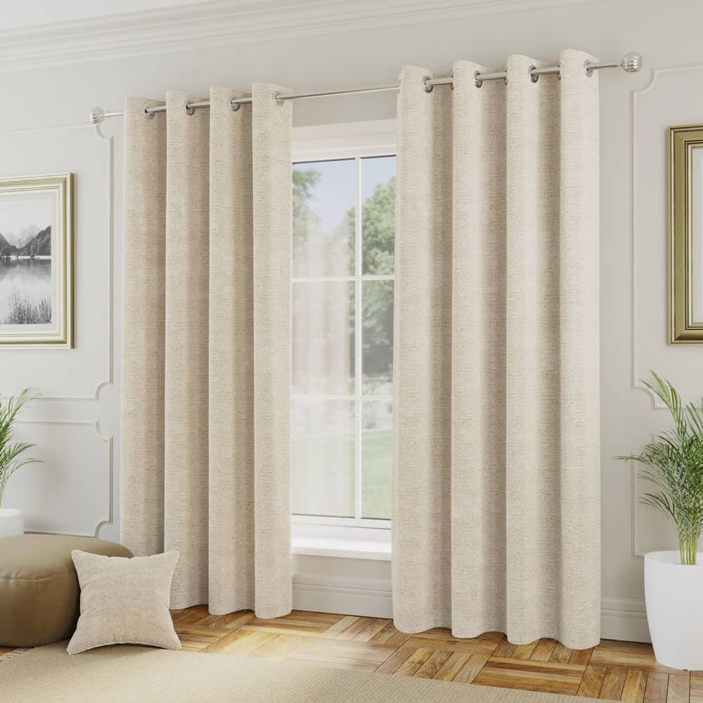 Natural Boucle Plain Eyelet Curtains - Pair