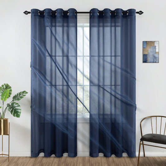 Navy Blue Eyelet Sheer Curtain Pair