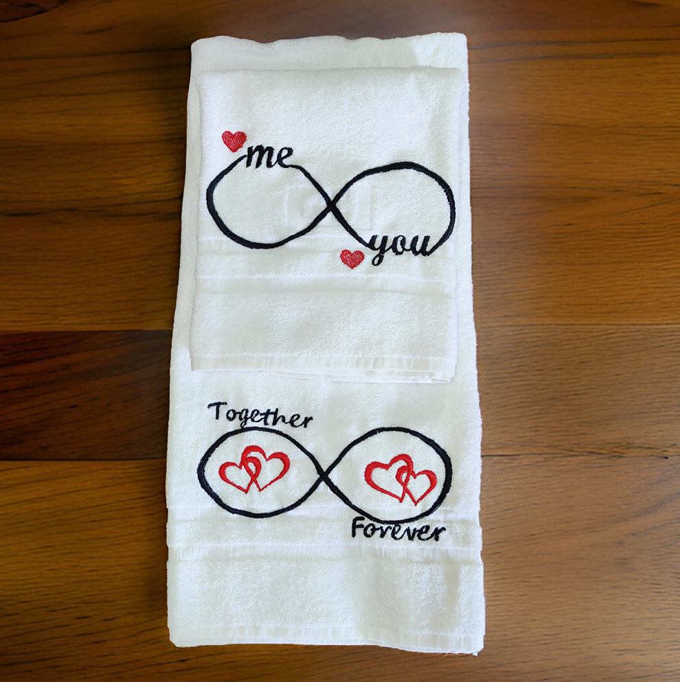 White Cotton Embroidered Couple Valentines - Wedding Towel Set - Pair