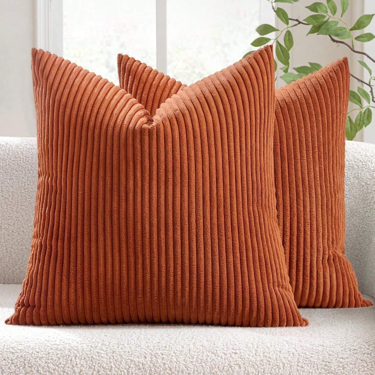 Set of 2 Rust Orange Corduroy Striped Velvet Cushion Covers for Sofa & Living Room