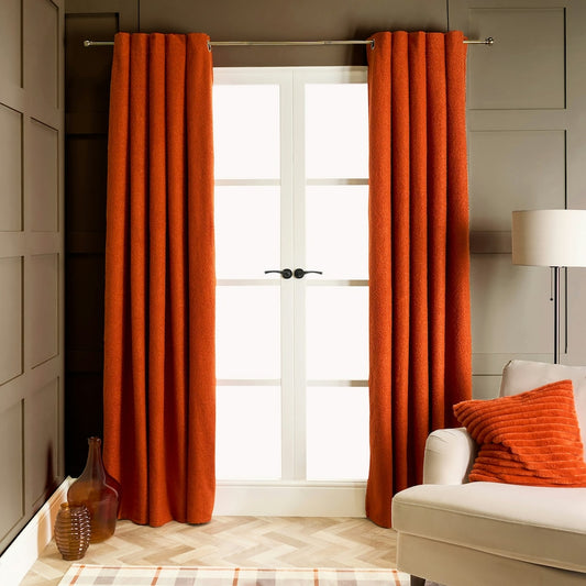 Rust Orange Boucle Plain Eyelet Curtains - Pair