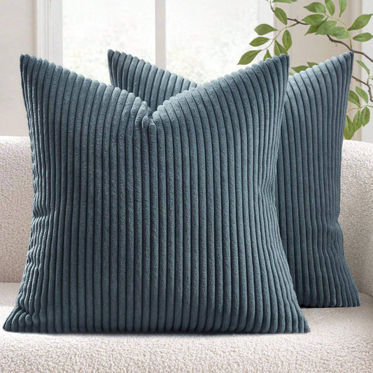 Set of 2 Teal Grey Corduroy Striped Velvet Cushion Covers for Sofa & Living Room