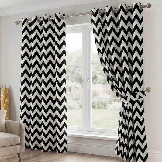 Black & White Zigzag Pattern Velvet Curtain Pair