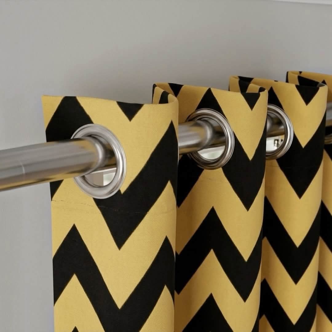 Black & Mustard Zigzag Printed Velvet Curtain Pair