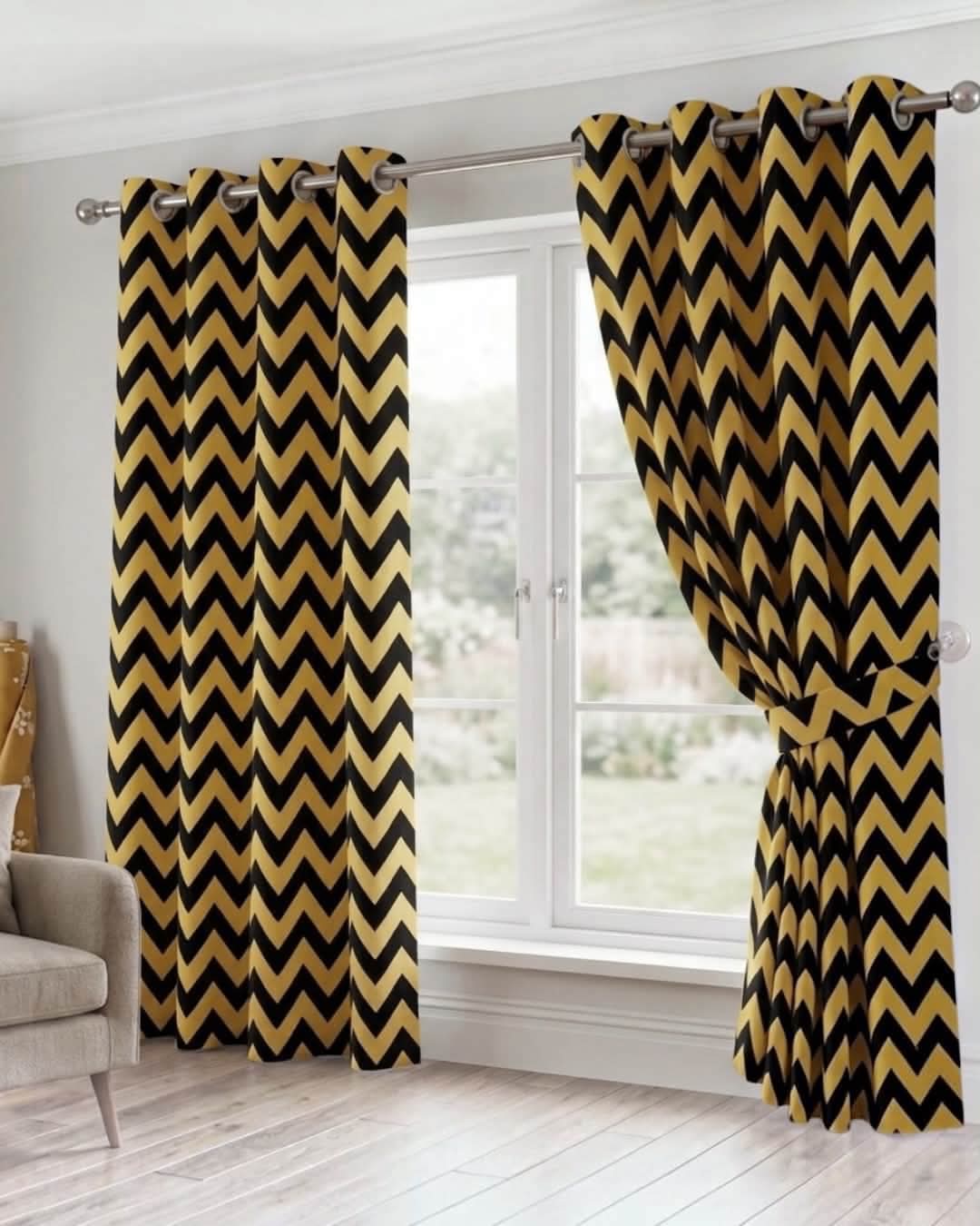 Black & Mustard Zigzag Printed Velvet Curtain Pair